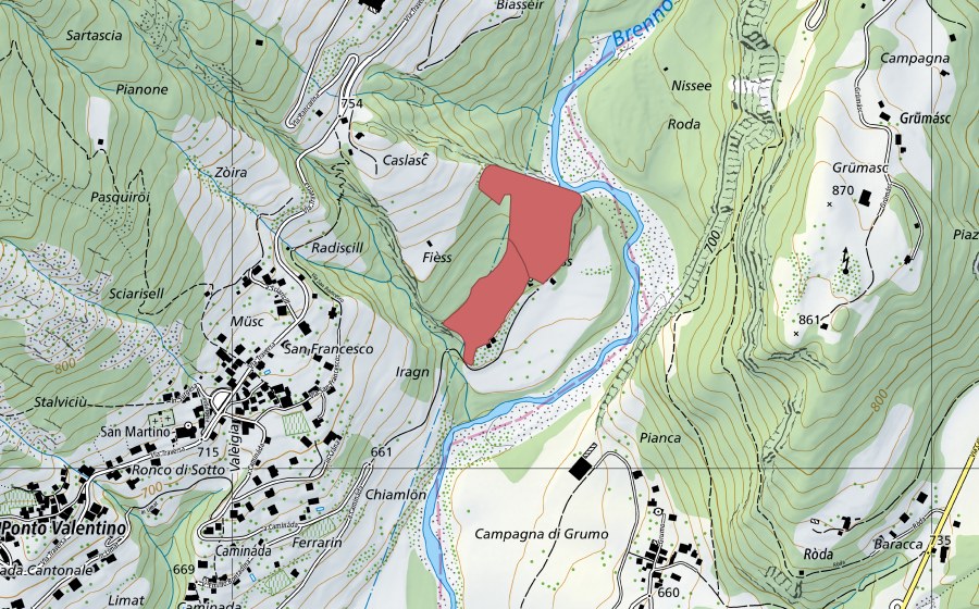 swisstopo national map showing the protected perimeter of Trascis (Dry meadow)