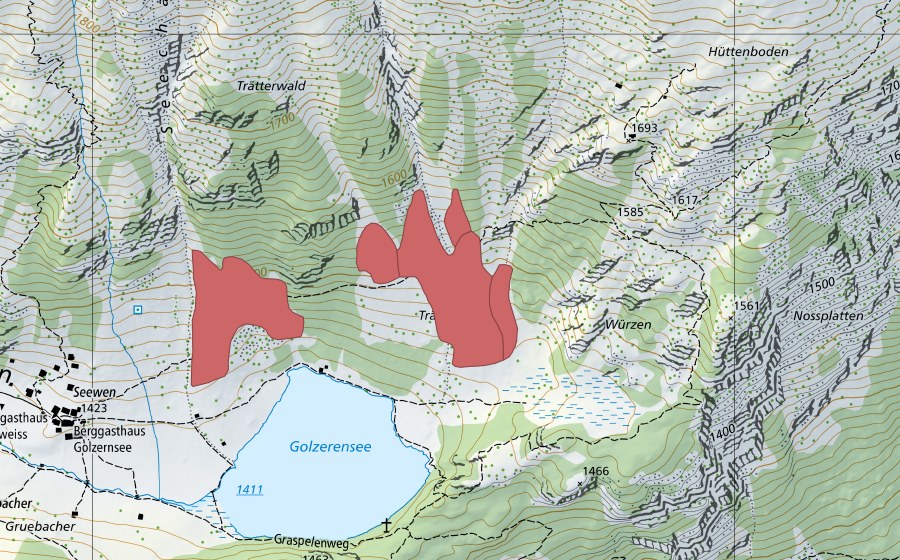 Landeskarte swisstopo mit dem Schutzperimeter von Trätter (Trockenwiese)