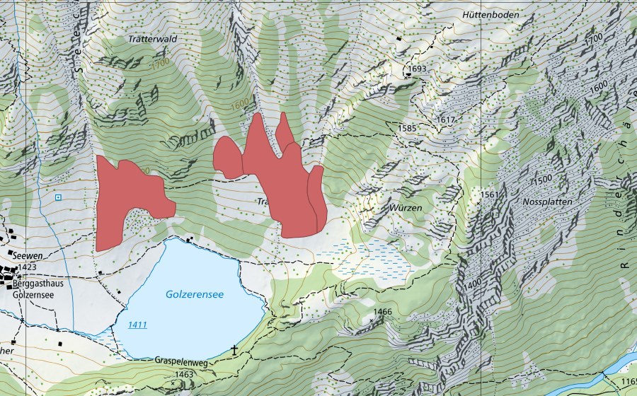 Landeskarte swisstopo mit dem Schutzperimeter von Trätter (Trockenwiese)
