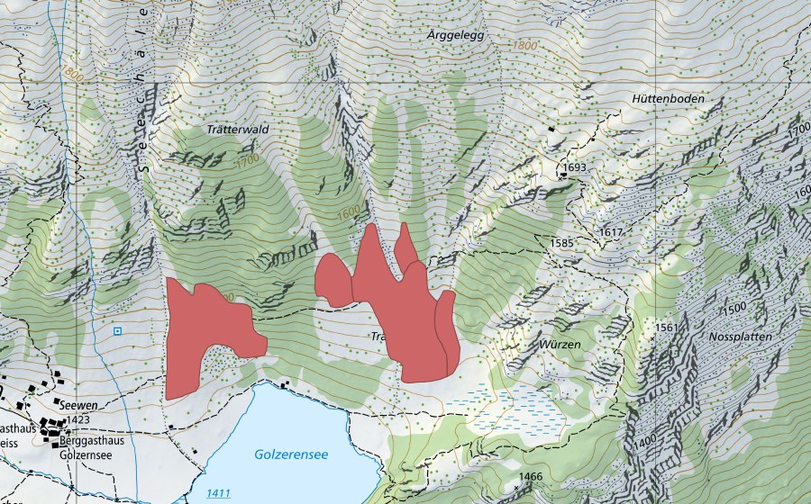 swisstopo national map showing the protected perimeter of Trätter (Dry meadow)