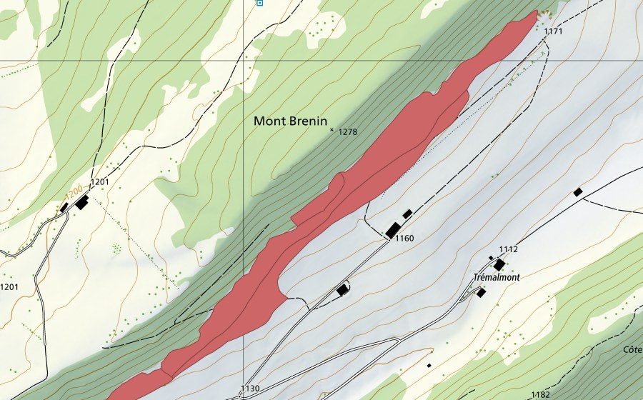 Carte nationale swisstopo avec le périmètre protégé de Trémalmont (Prairie sèche)