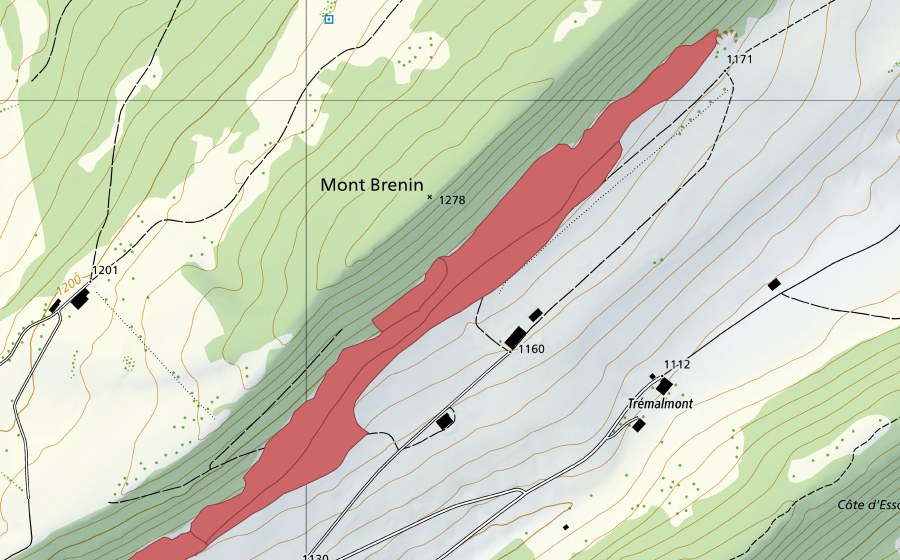 Carte nationale swisstopo avec le périmètre protégé de Trémalmont (Prairie sèche)