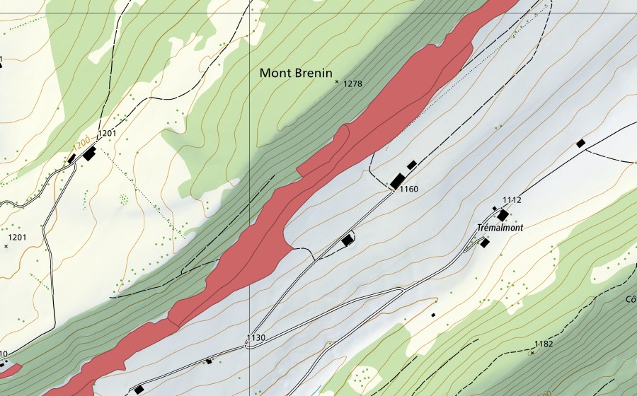 Carte nationale swisstopo avec le périmètre protégé de Trémalmont (Prairie sèche)