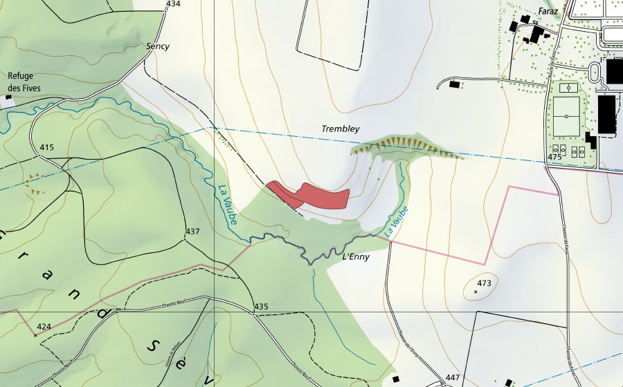 Carte nationale swisstopo avec le périmètre protégé de Trembley (Prairie sèche)