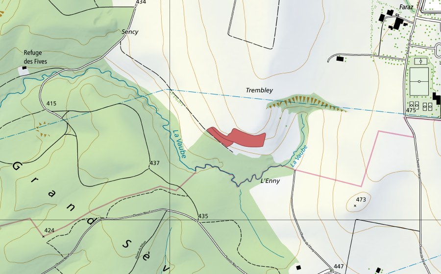 Landeskarte swisstopo mit dem Schutzperimeter von Trembley (Trockenwiese)