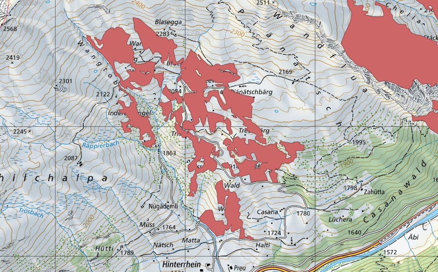 Landeskarte swisstopo mit dem Schutzperimeter von Treuabärg (Trockenwiese)