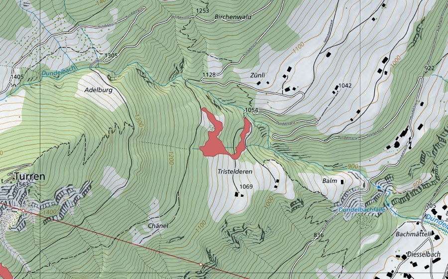 Landeskarte swisstopo mit dem Schutzperimeter von Tristelderen (Trockenwiese)