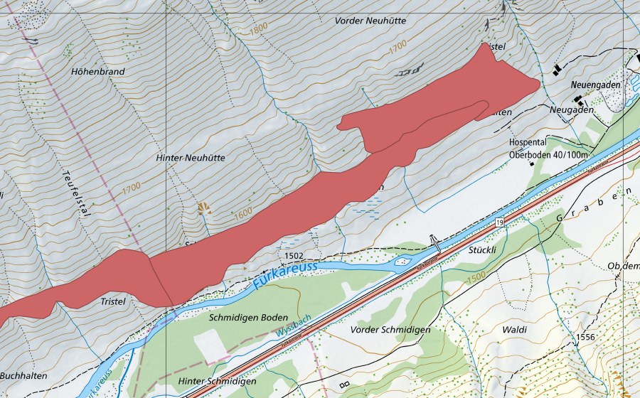 Carte nationale swisstopo avec le périmètre protégé de Tristlen (Prairie sèche)
