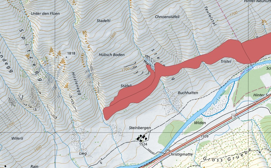 Landeskarte swisstopo mit dem Schutzperimeter von Tristlen (Trockenwiese)