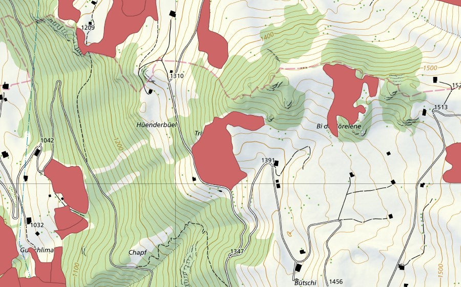 swisstopo national map showing the protected perimeter of Tristli (Dry meadow)