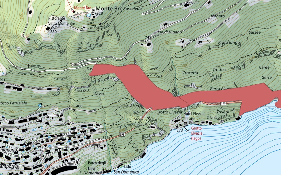 swisstopo national map showing the protected perimeter of Trivelli (Dry meadow)