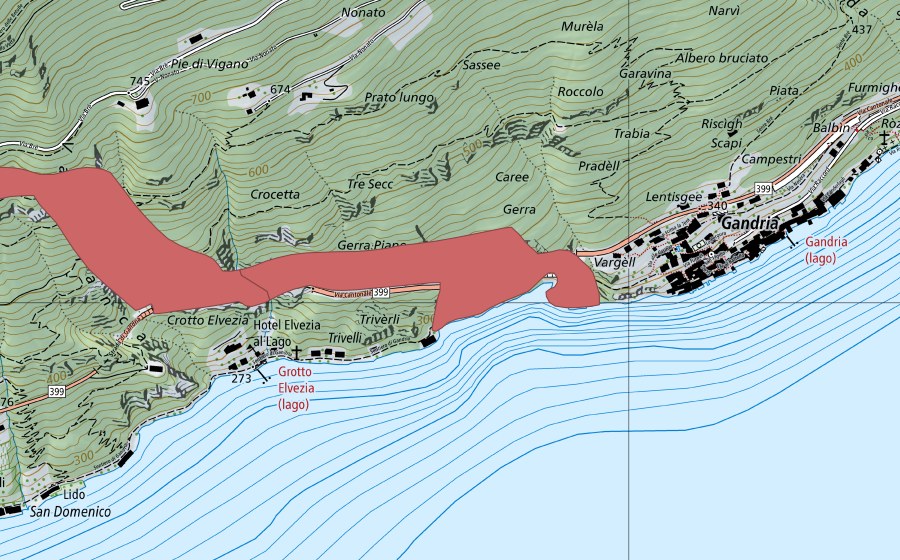 Landeskarte swisstopo mit dem Schutzperimeter von Trivelli (Trockenwiese)