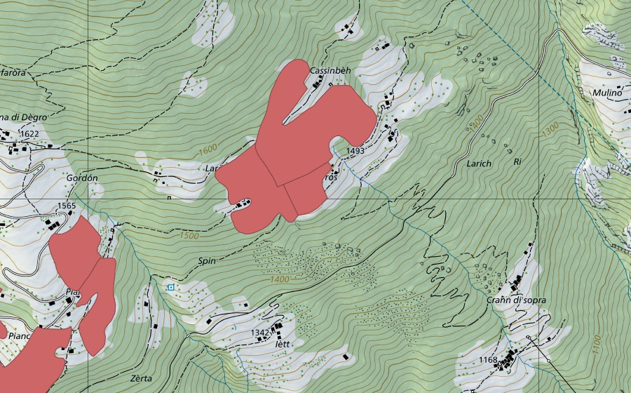 Landeskarte swisstopo mit dem Schutzperimeter von Tros (Trockenwiese)