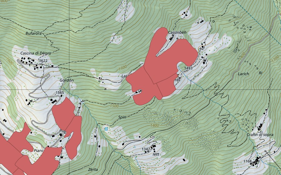 Carte nationale swisstopo avec le périmètre protégé de Tros (Prairie sèche)