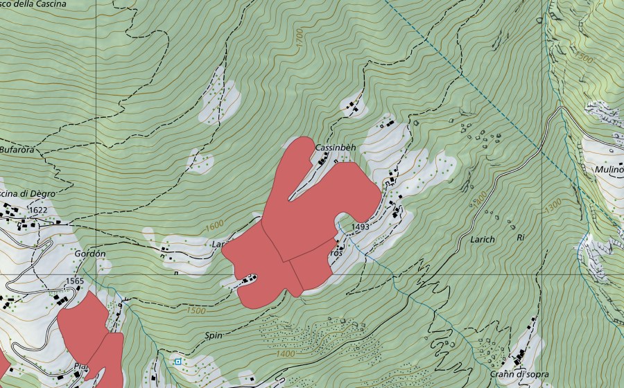 swisstopo national map showing the protected perimeter of Tros (Dry meadow)
