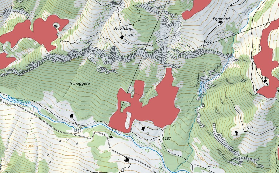 Carte nationale swisstopo avec le périmètre protégé de Tschäggere (Prairie sèche)