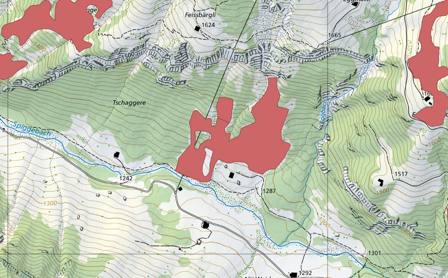 Carte nationale swisstopo avec le périmètre protégé de Tschäggere (Prairie sèche)