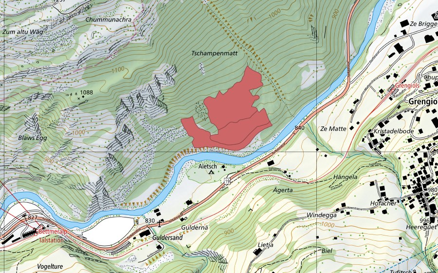 Carte nationale swisstopo avec le périmètre protégé de Tschampenmatt (Prairie sèche)