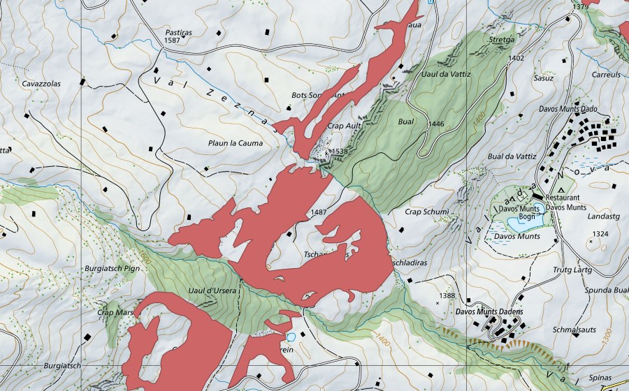 Carte nationale swisstopo avec le périmètre protégé de Tschanabrels (Prairie sèche)