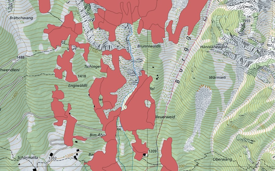 swisstopo national map showing the protected perimeter of Tschingel (Dry meadow)