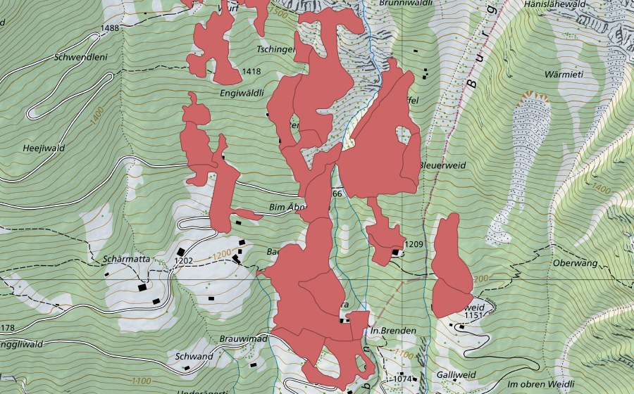 Landeskarte swisstopo mit dem Schutzperimeter von Tschingel (Trockenwiese)