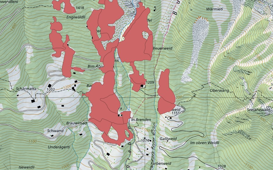 Carte nationale swisstopo avec le périmètre protégé de Tschingel (Prairie sèche)