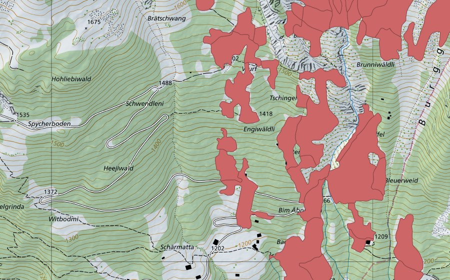 Landeskarte swisstopo mit dem Schutzperimeter von Tschingel (Trockenwiese)