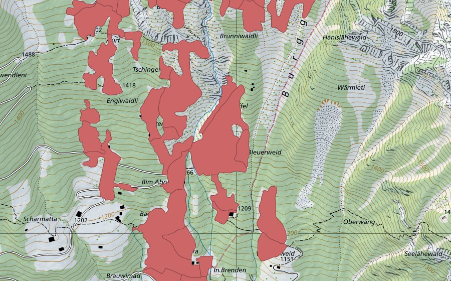 Carte nationale swisstopo avec le périmètre protégé de Tschingel (Prairie sèche)