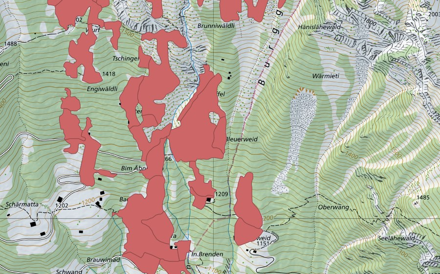 Carte nationale swisstopo avec le périmètre protégé de Tschingel (Prairie sèche)