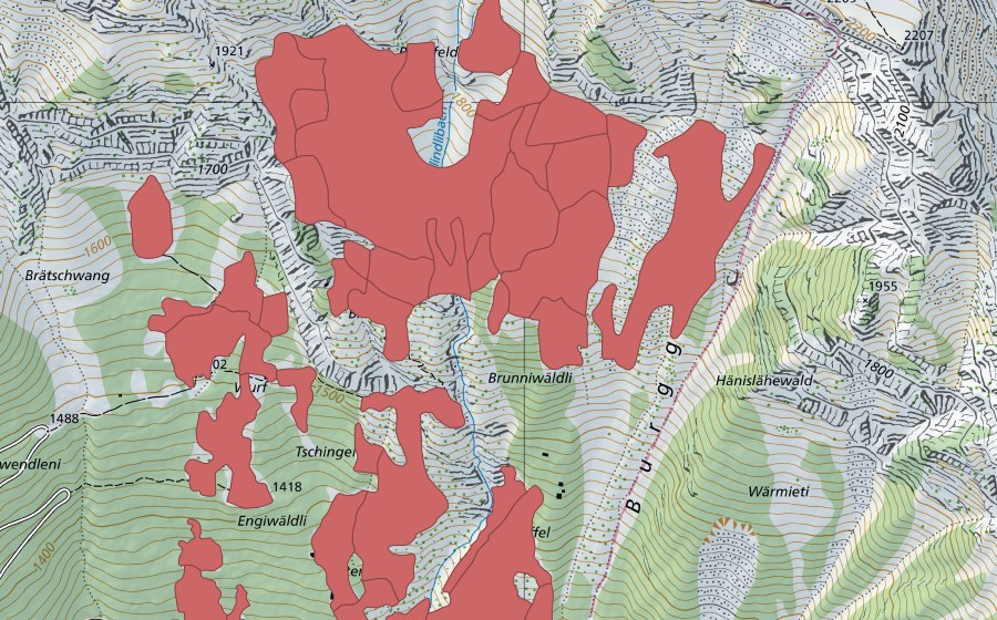 Landeskarte swisstopo mit dem Schutzperimeter von Tschingel (Trockenwiese)