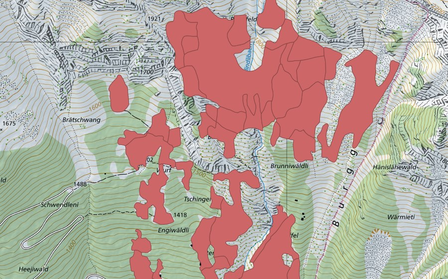 Carte nationale swisstopo avec le périmètre protégé de Tschingel (Prairie sèche)