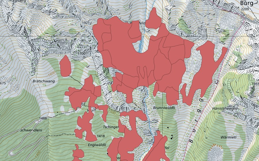 Carte nationale swisstopo avec le périmètre protégé de Tschingel (Prairie sèche)