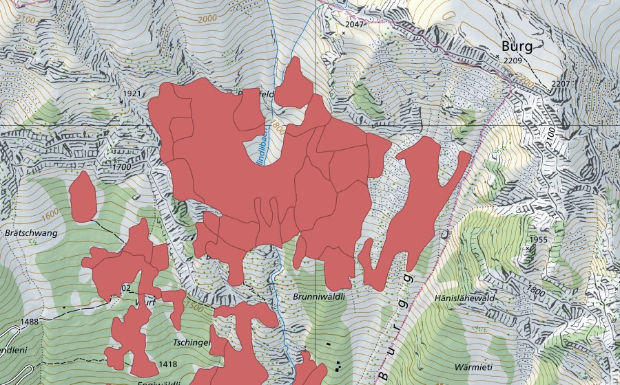 Landeskarte swisstopo mit dem Schutzperimeter von Tschingel (Trockenwiese)