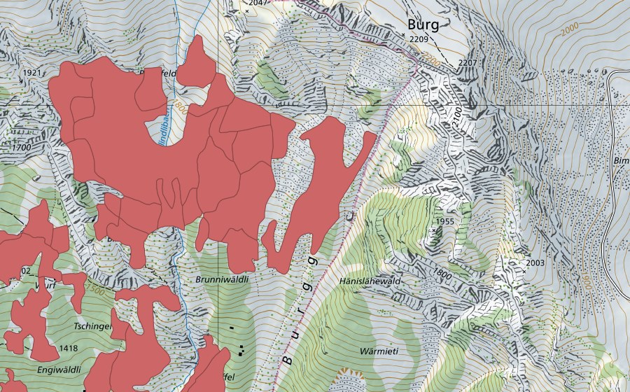 Carte nationale swisstopo avec le périmètre protégé de Tschingel (Prairie sèche)