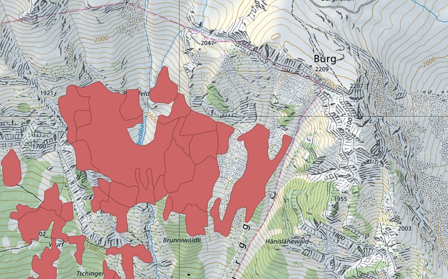 Landeskarte swisstopo mit dem Schutzperimeter von Tschingel (Trockenwiese)