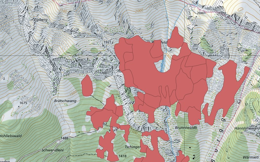 swisstopo national map showing the protected perimeter of Tschingel (Dry meadow)