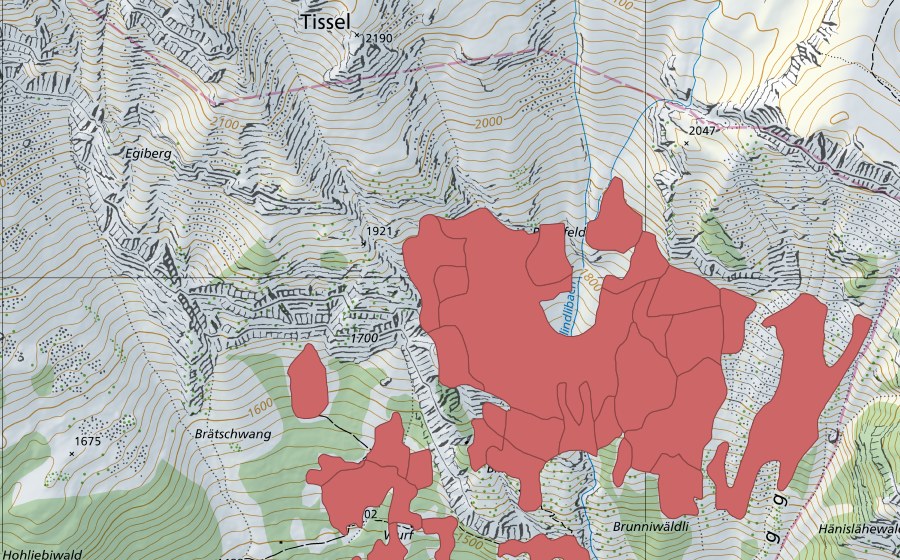 Carte nationale swisstopo avec le périmètre protégé de Tschingel (Prairie sèche)