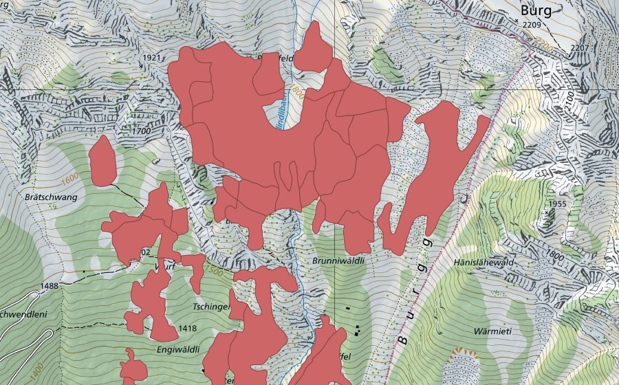 Carte nationale swisstopo avec le périmètre protégé de Tschingel (Prairie sèche)