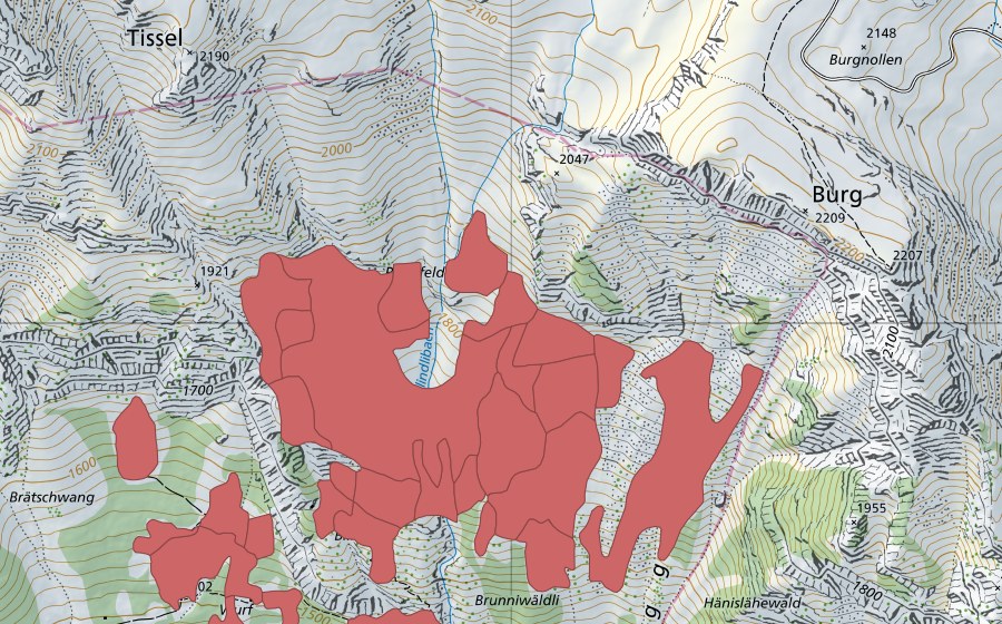 Landeskarte swisstopo mit dem Schutzperimeter von Tschingel (Trockenwiese)