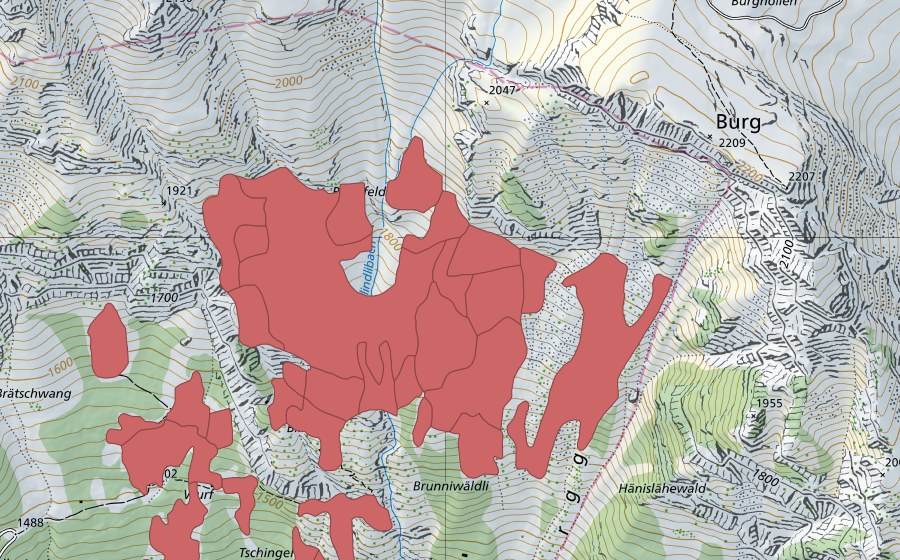 Carte nationale swisstopo avec le périmètre protégé de Tschingel (Prairie sèche)