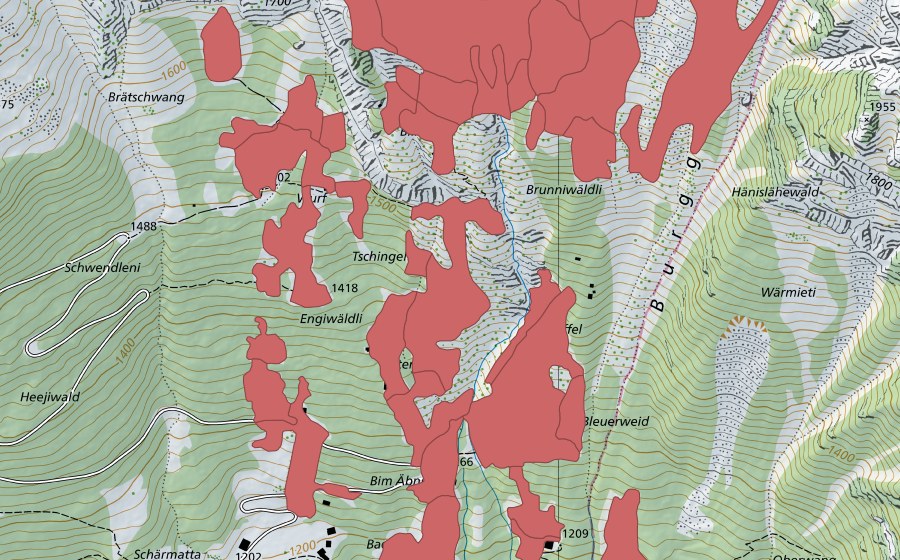 Carte nationale swisstopo avec le périmètre protégé de Tschingel (Prairie sèche)