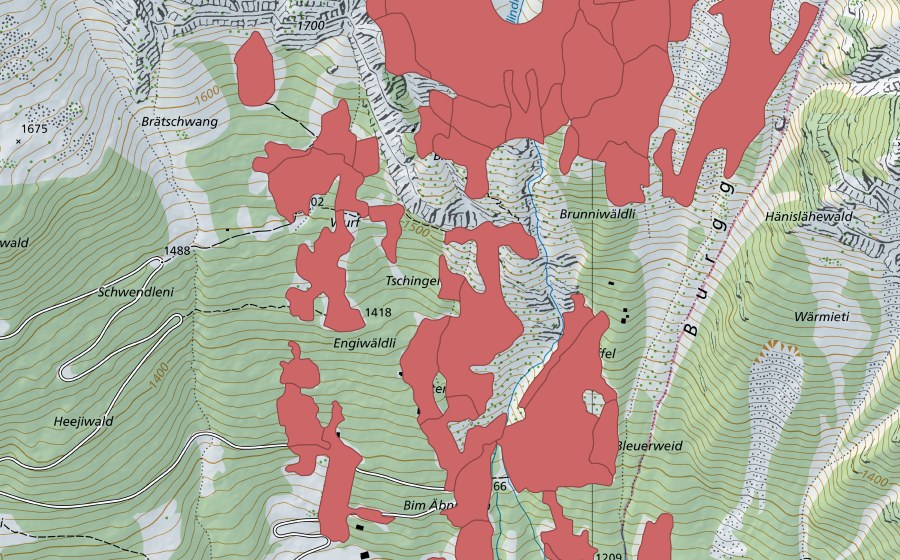Landeskarte swisstopo mit dem Schutzperimeter von Tschingel (Trockenwiese)