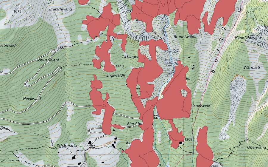 Carte nationale swisstopo avec le périmètre protégé de Tschingel (Prairie sèche)