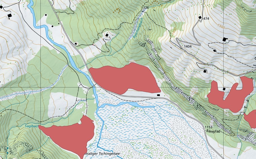 Landeskarte swisstopo mit dem Schutzperimeter von Tschingel (Trockenwiese)