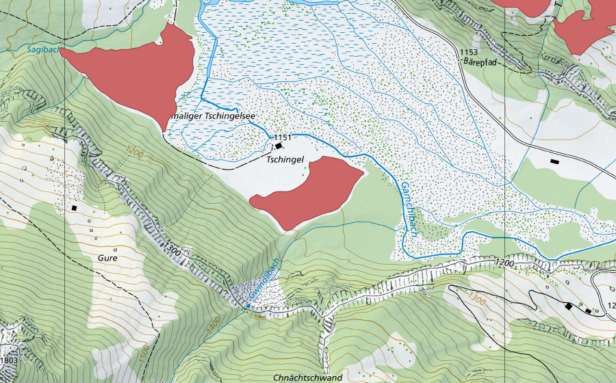 Landeskarte swisstopo mit dem Schutzperimeter von Tschingel (Trockenwiese)