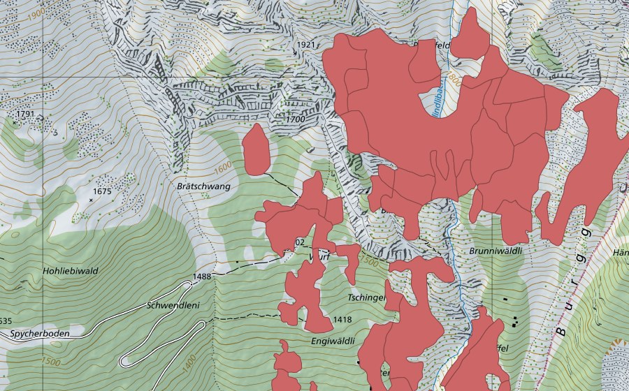 Landeskarte swisstopo mit dem Schutzperimeter von Tschingel (Trockenwiese)