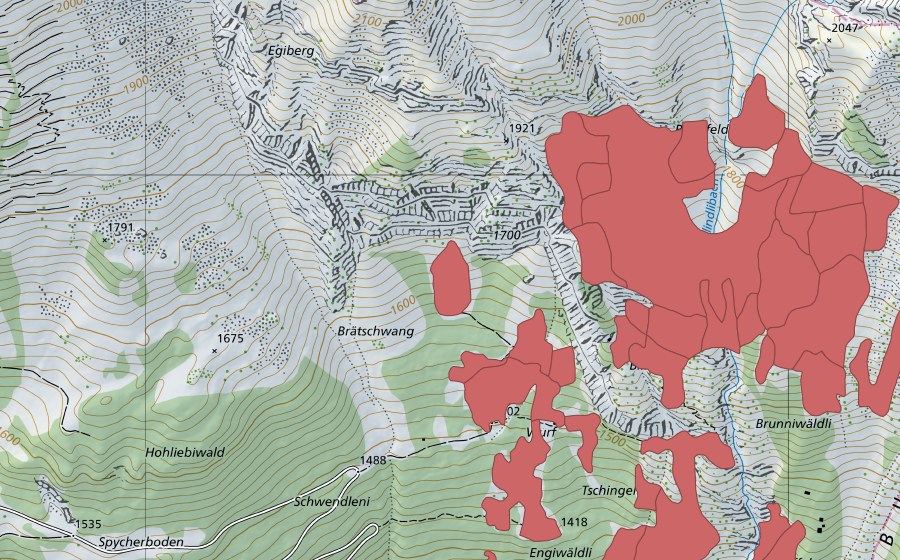 Carte nationale swisstopo avec le périmètre protégé de Tschingel (Prairie sèche)