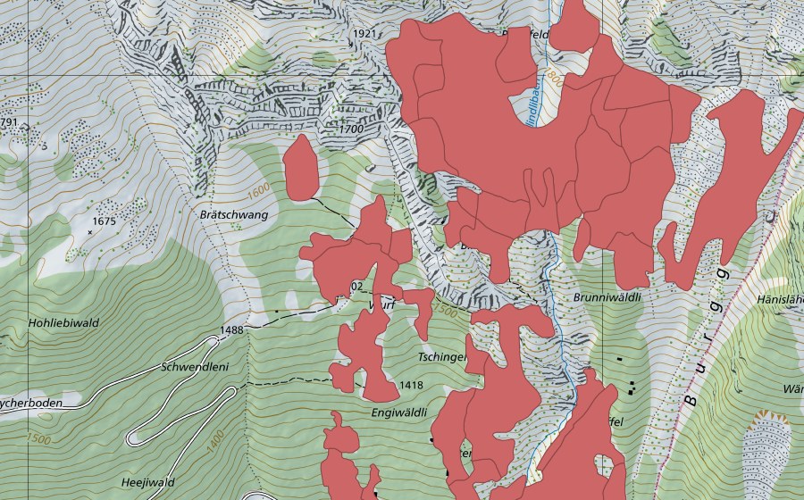 Carte nationale swisstopo avec le périmètre protégé de Tschingel (Prairie sèche)