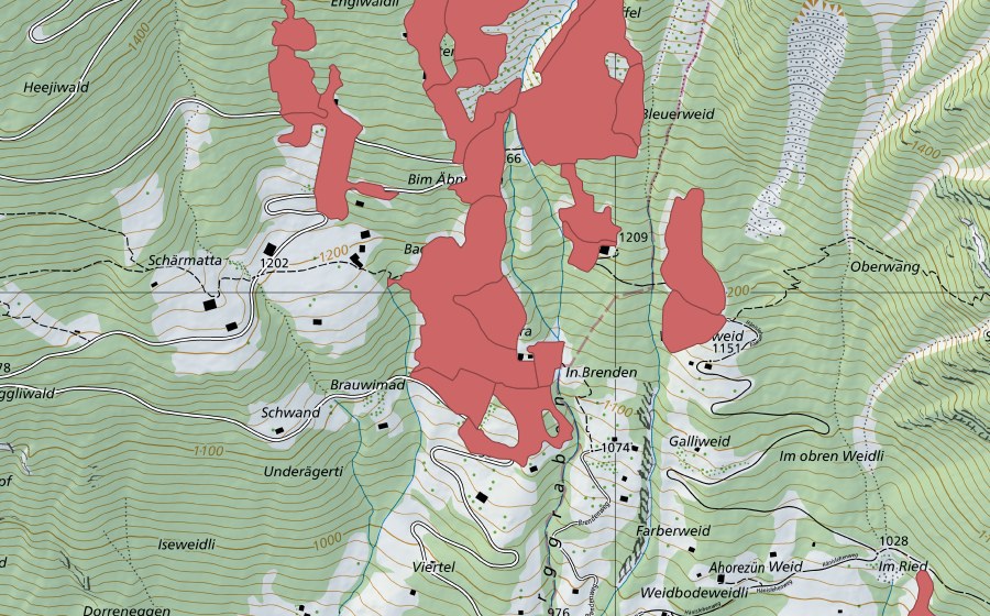 swisstopo national map showing the protected perimeter of Tschingel (Dry meadow)