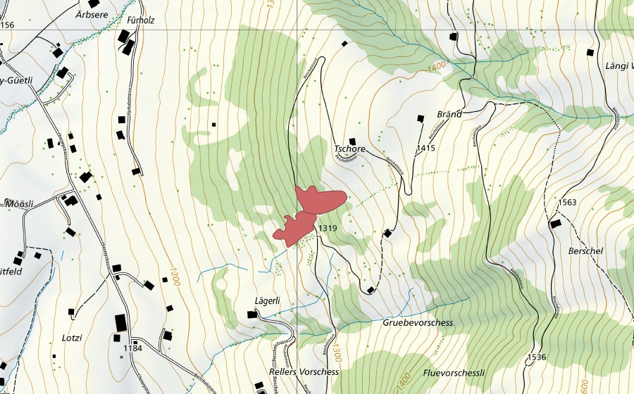 Carte nationale swisstopo avec le périmètre protégé de Tschore (Prairie sèche)